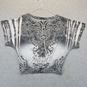 Body Central Cropped Top Baroque Scroll Print Gray Black Medium